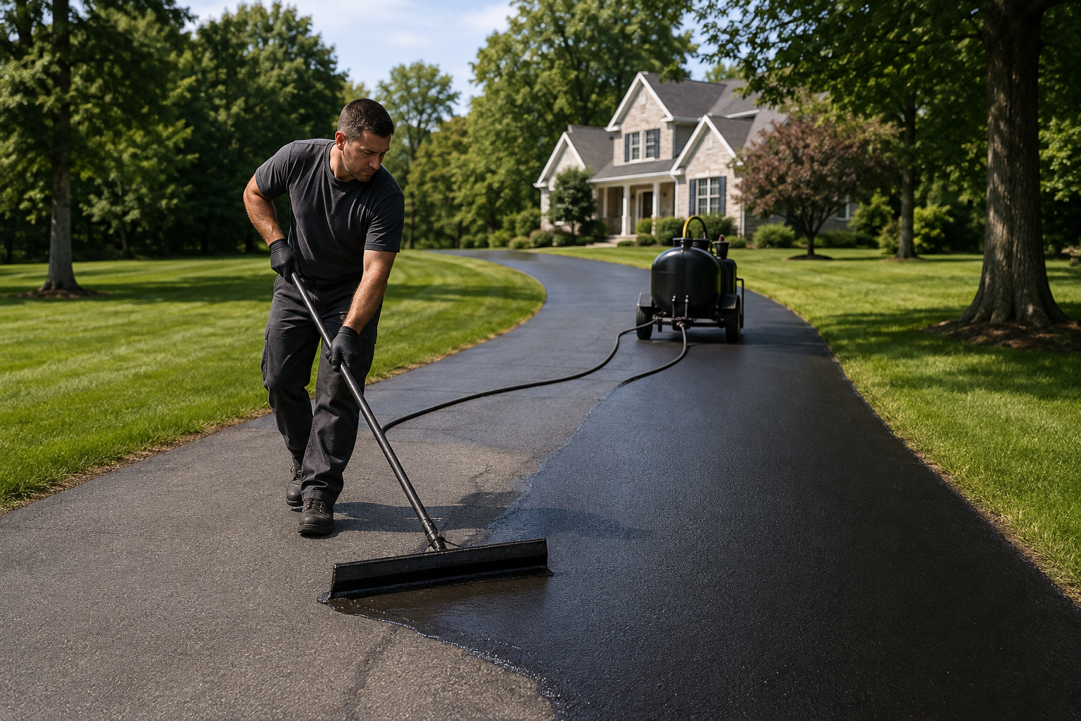 Contractor sealcoating a long residential asphalt driveway in Schnecksville PA