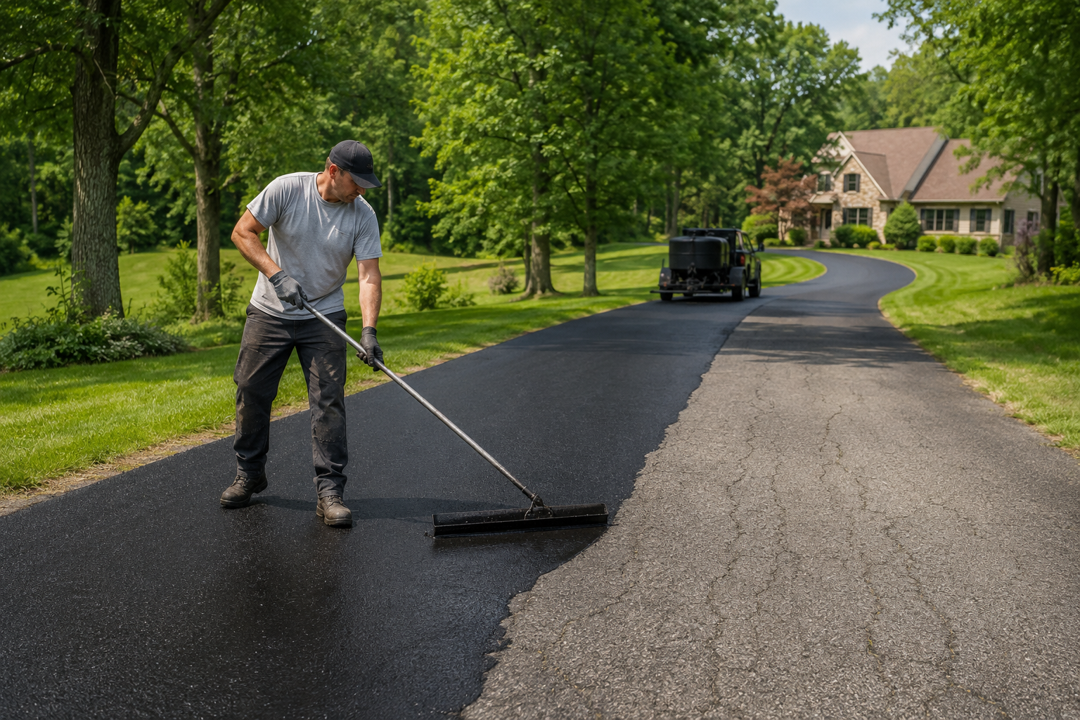 Contractor sealcoating a long residential asphalt driveway in Woxall PA