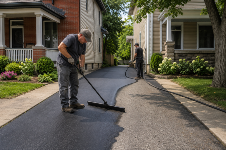 Professionals sealcoating a shared residential asphalt driveway in North Wales PA