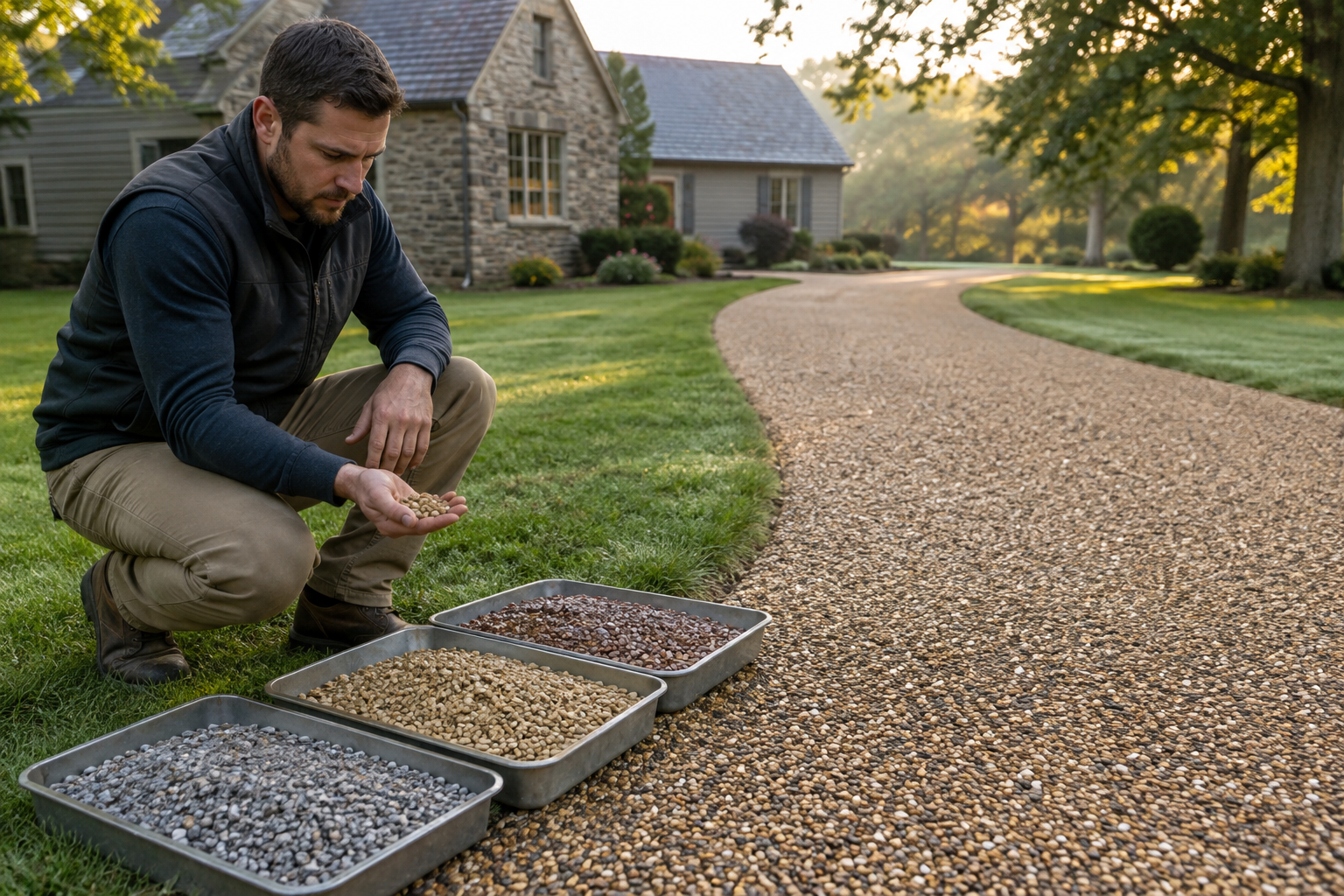 Tar-and-chip driveway with natural aggregate color sample
