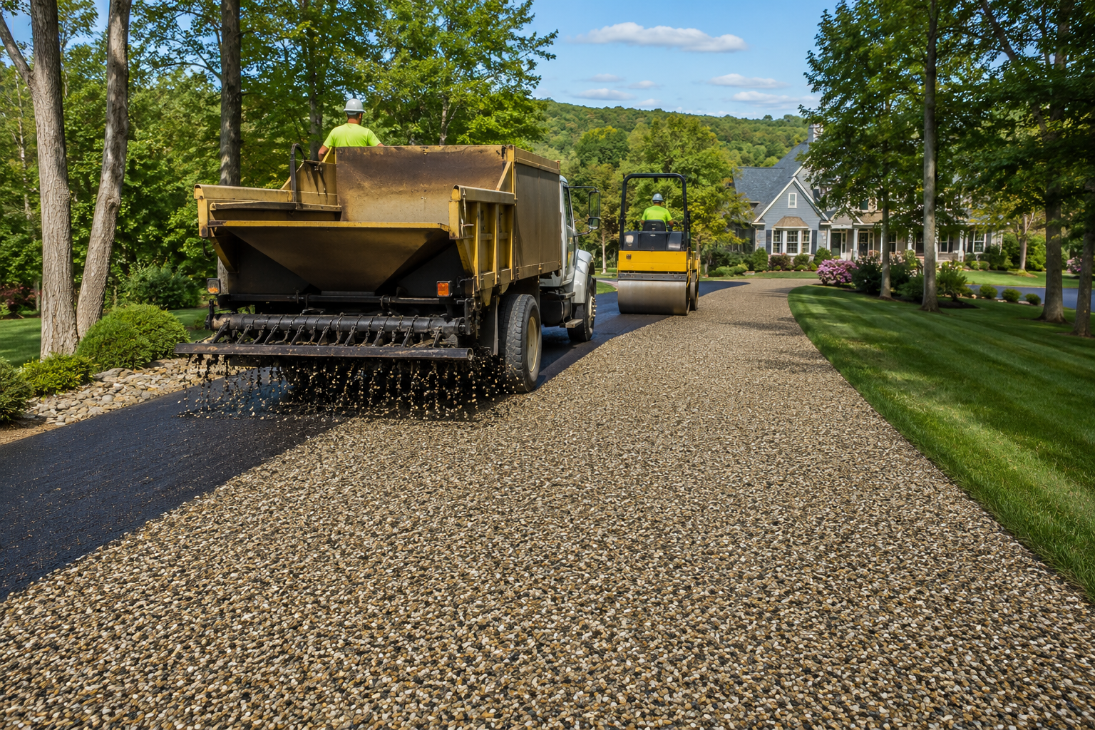 Professional crew installing and compacting a textured tar-and-chip residential driveway