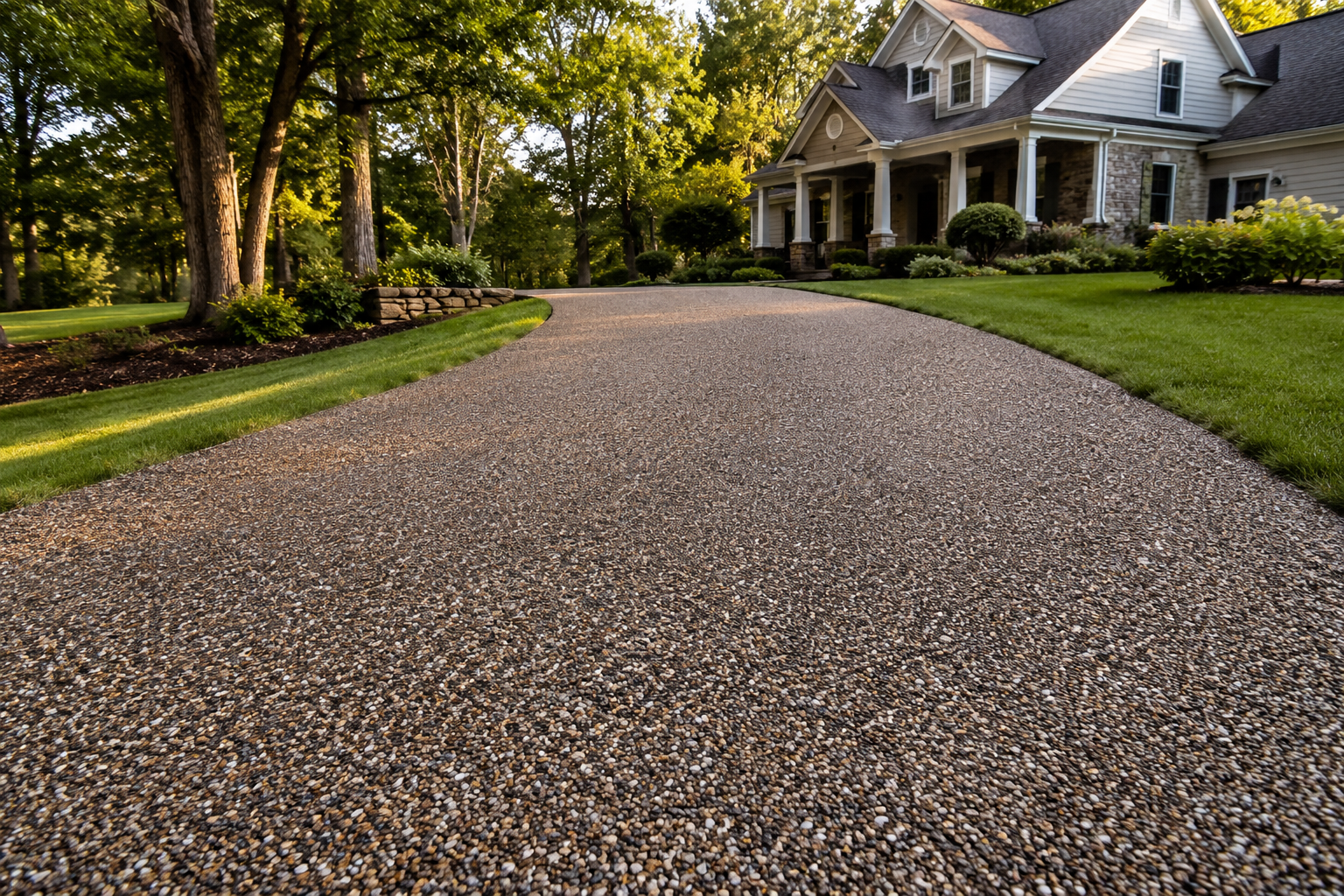 Long-lasting tar-and-chip driveway with embedded stone surface