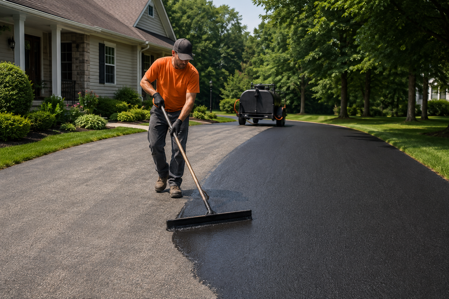 Contractor applying protective sealcoating to a residential asphalt driveway
